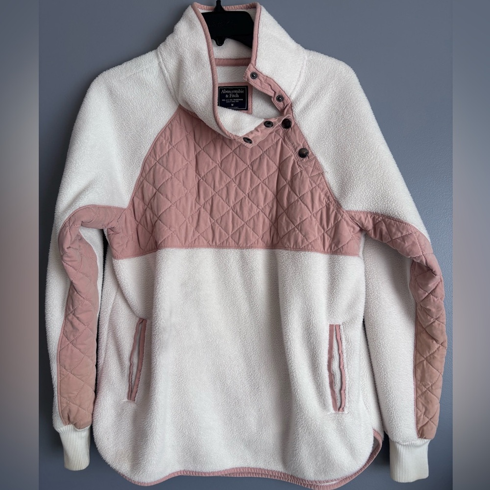 Abercrombie & Fitch Ivory Sherpa Pullover with Dusty Rose Quilted Panels